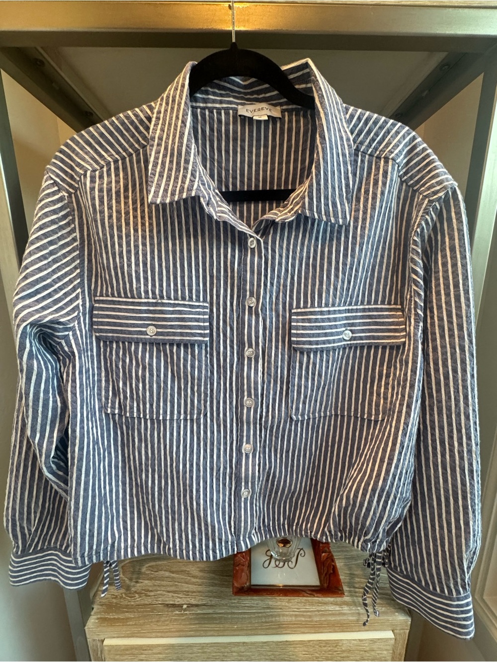 Evereve Navy and White Vertical Stripe Button-Front Shirt